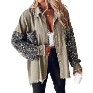 Women’s Oversized Denim Shacket Sequin Patchwork Long Sleeve Jacket